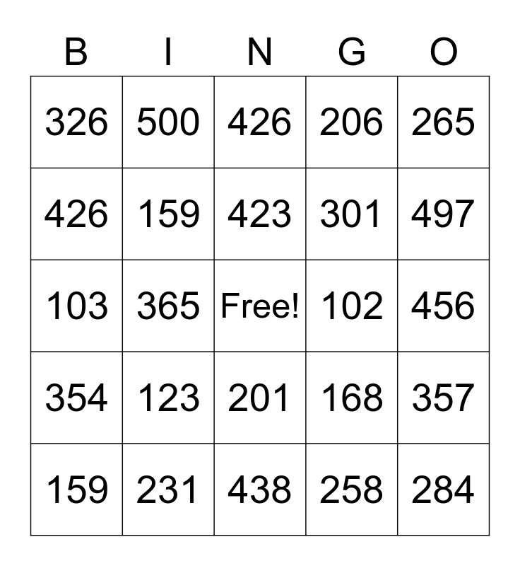 BINGO DE NUMEROS HASTA EL 500 Bingo Card