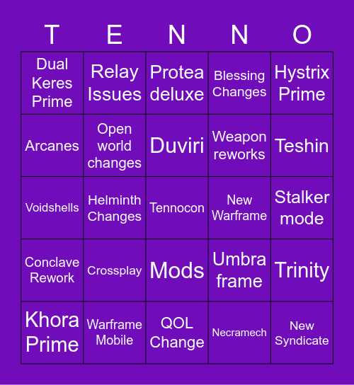 Tennocon 2022 Bingo Card