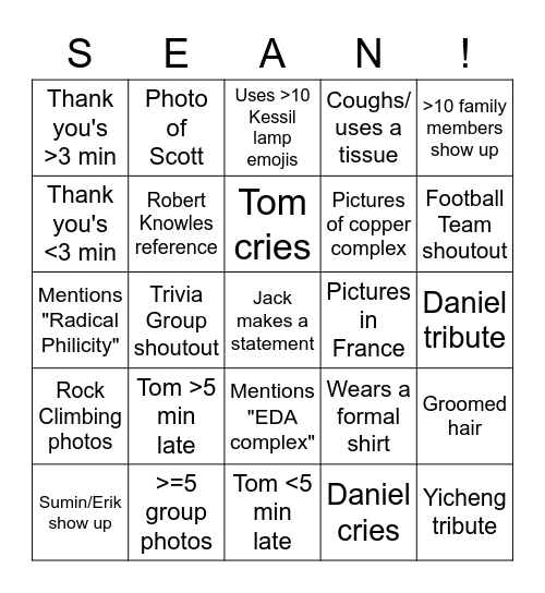 Sean's Defense Bingo Card