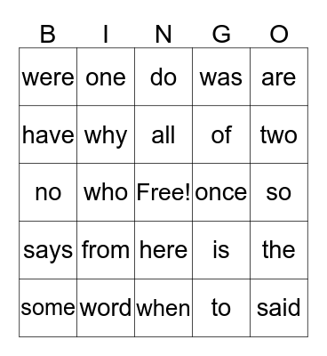 Sight Words Bingo Card