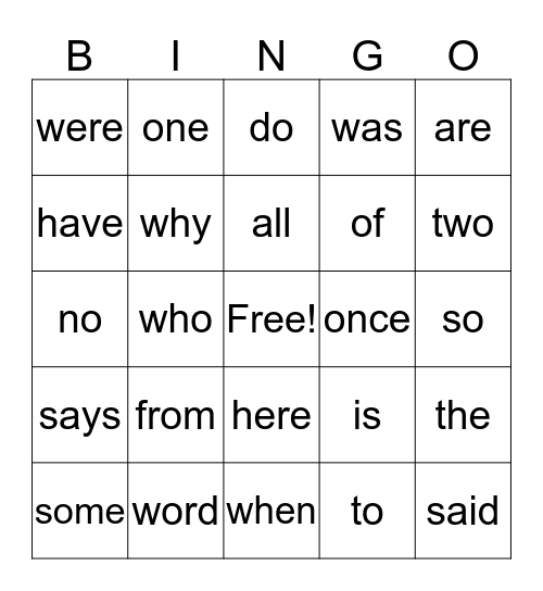 Sight Words Bingo Card