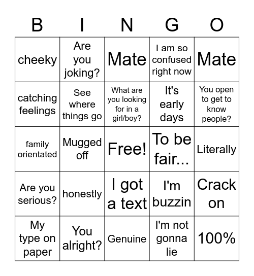 Love Island Bingo Card