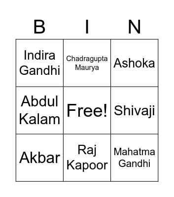 Indian History Bingo Card