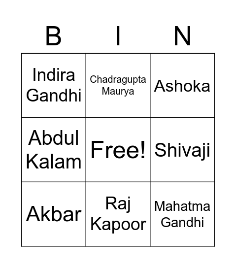 Indian History Bingo Card