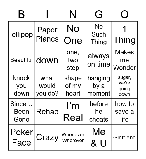 Music Bingo 2000's Bingo Card