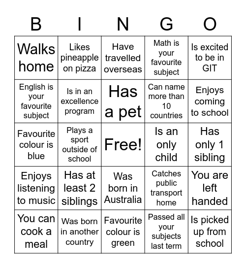 Who am I Bingo Card