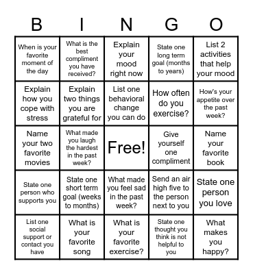 Mental Health Bingo Card