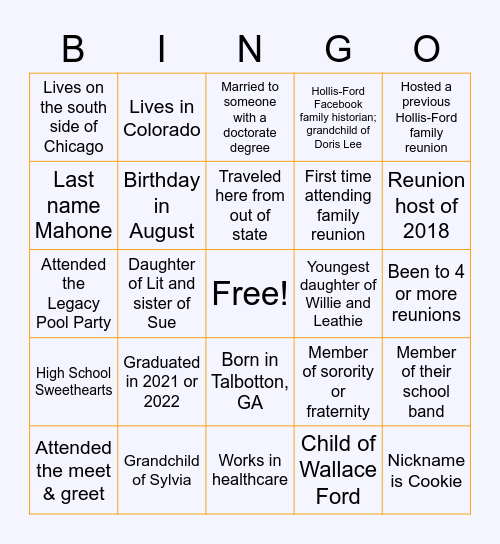 Hollis-Ford Family Human Bingo Card