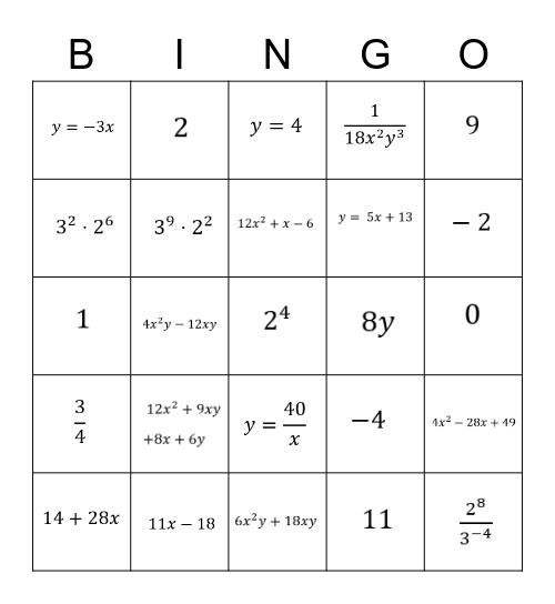 Maths Bingo Card