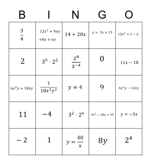 Maths Bingo Card