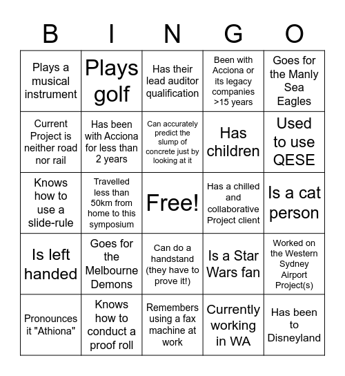 Construction Quality Bingo Card