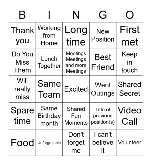 Farewell Bingo Card