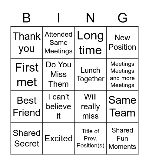 Farewell Bingo Card