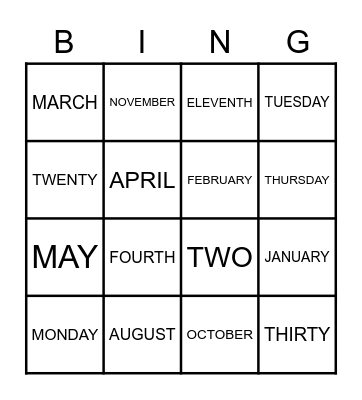 Days, Months, Numbers Bingo Card