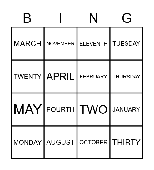 Days, Months, Numbers Bingo Card