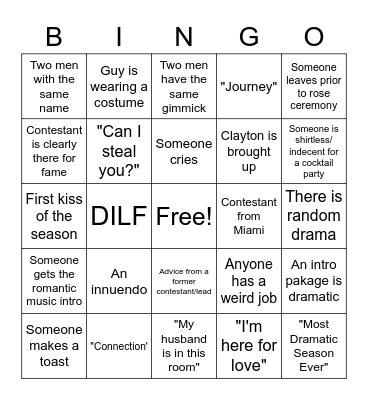 Bachelorette Premier Bingo Card