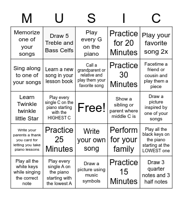 Piano Practice Bingo Card