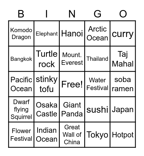 Asia Bingo Card