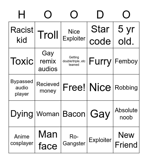 Da hood bingo Card