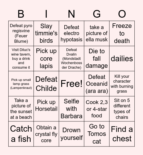 Genshin Impact Bingo Card