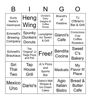 Palatine Restaurant Maddness Bingo Card