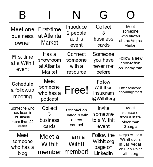 WithIt Networking BINGO Card