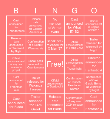 Marvel SDCC Predictions Bingo Card