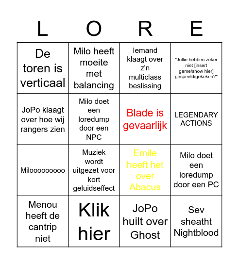 Typical Lore Bingo Card