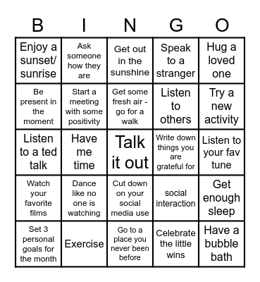 Wellbeing Wednesday Bingo Card