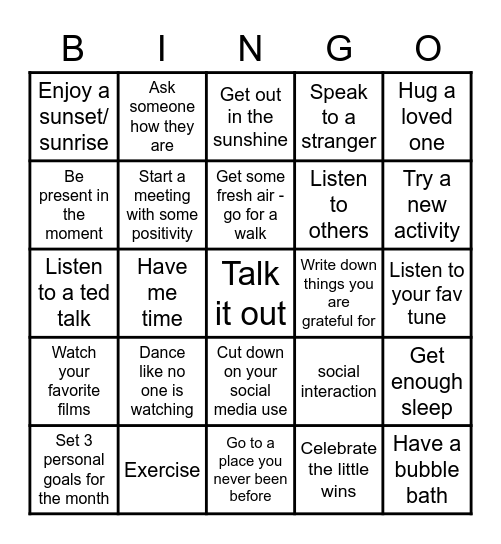 Wellbeing Wednesday Bingo Card