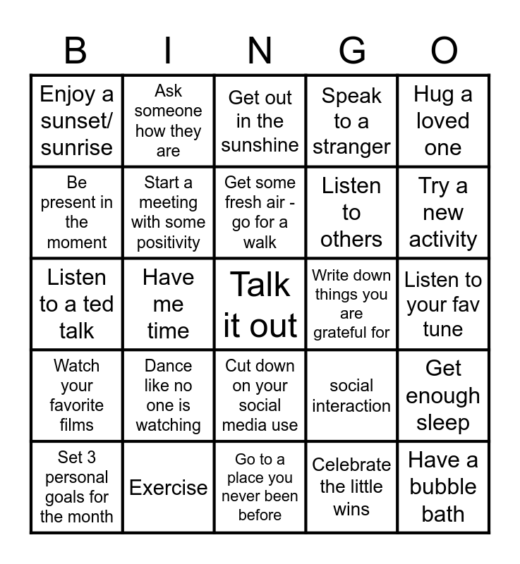 Wellbeing Wednesday Bingo Card