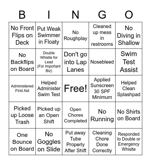 Aquatics Bingo Card