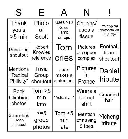 Sean's Defense Bingo Card