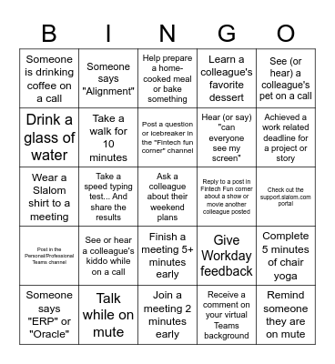 FinTech WFH Bingo Card