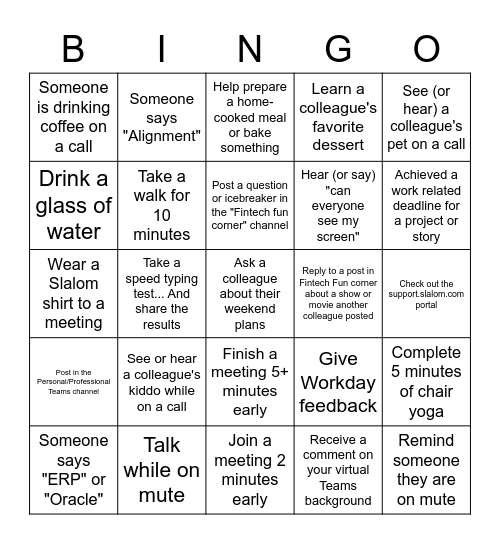 FinTech WFH Bingo Card