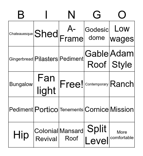 Types of Homes Bingo Card