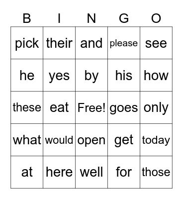 Sight Words Bingo Card