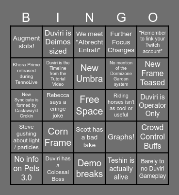 Tennocon 2022 Bingo Card