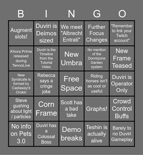 Tennocon 2022 Bingo Card