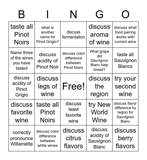 wine tasting bingo Card