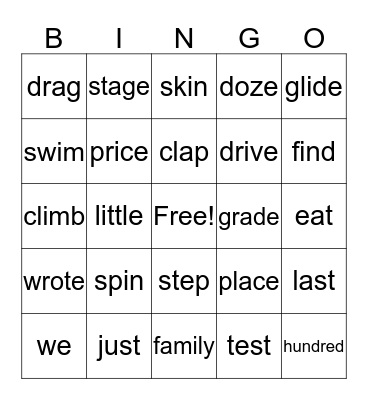 Spelling Word Bingo Card