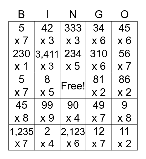 Multiplication Bingo Card