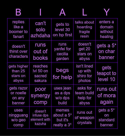 bialy bingo (genshin edition) Bingo Card