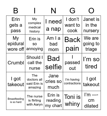 Hanna is in labor Bingo Card