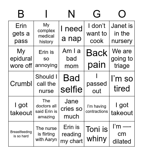 Hanna is in labor Bingo Card