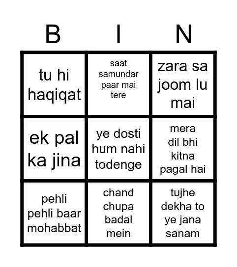 Bollywood Bingo Card