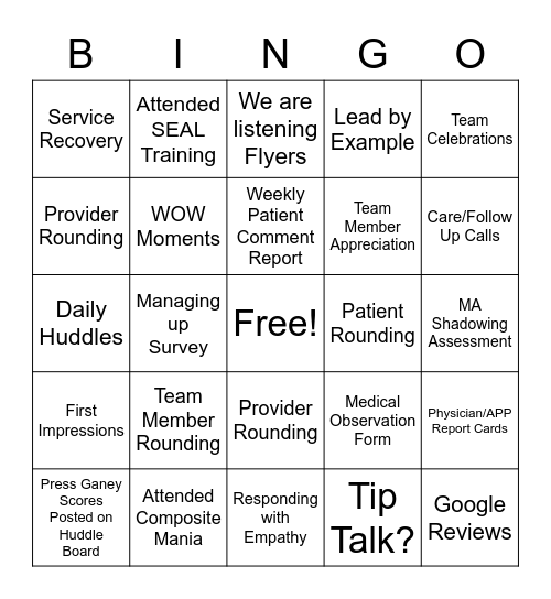 Service Excellence Bingo Card