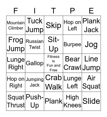 P.E. Bingo Card