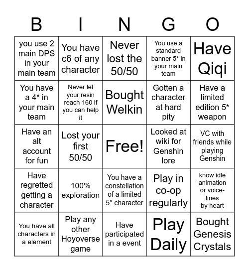 GENSHIN Bingo Card