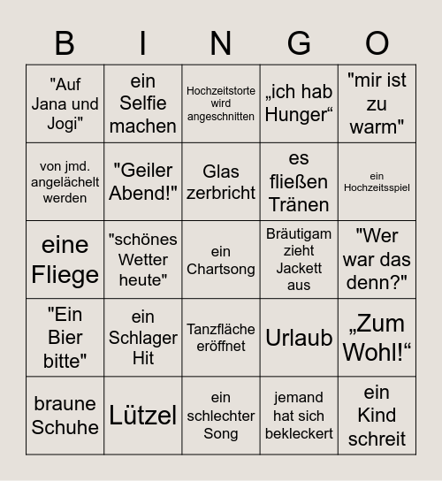 Jana und Jogis Hochzeits- Bingo Card